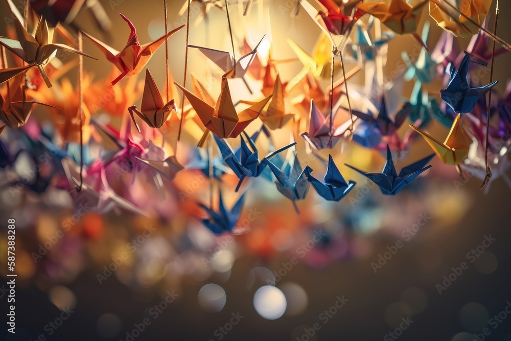 Poster a group of origami birds hanging from strings with lights in the background and a blurry image of th
