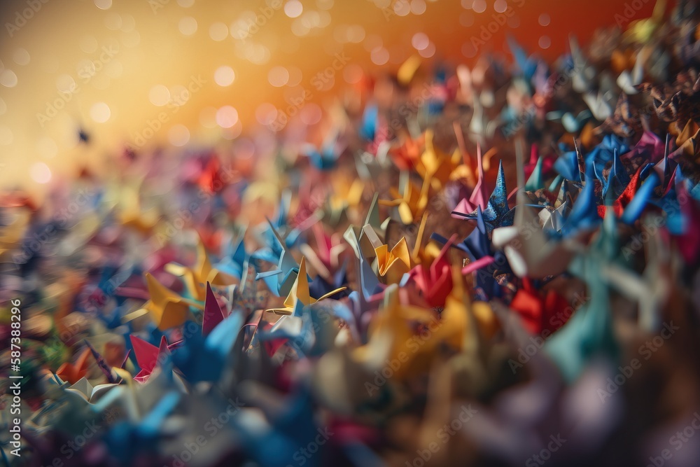Poster a group of colorful origami stars on a yellow and orange background with a blurry light in the backg