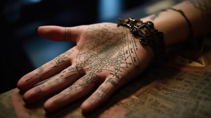 female fortune Teller is reading the lifeline and heart line, concept palmistry. ai generative.
