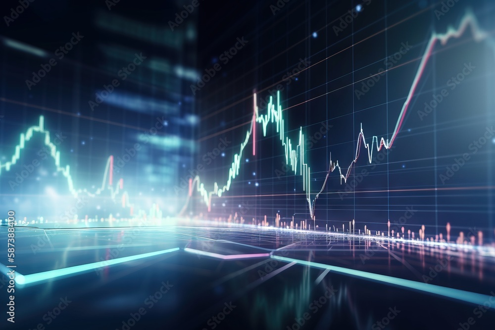 Poster an abstract image of a stock market with a blue and green background and a line graph on the wall of