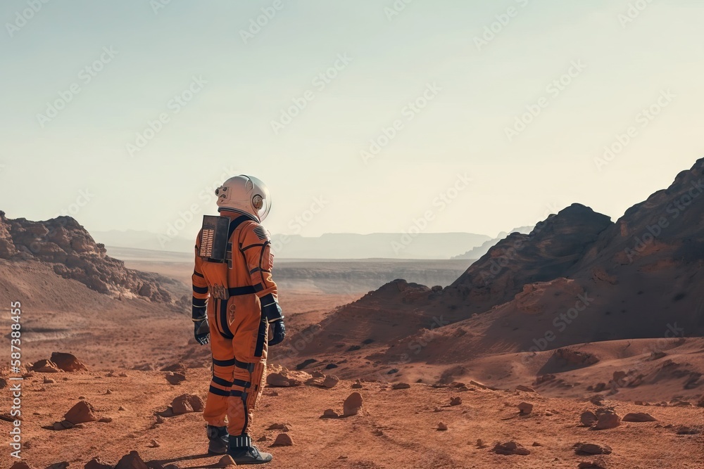 Poster a man in an orange space suit standing on a rocky surface with mountains in the background and a sky