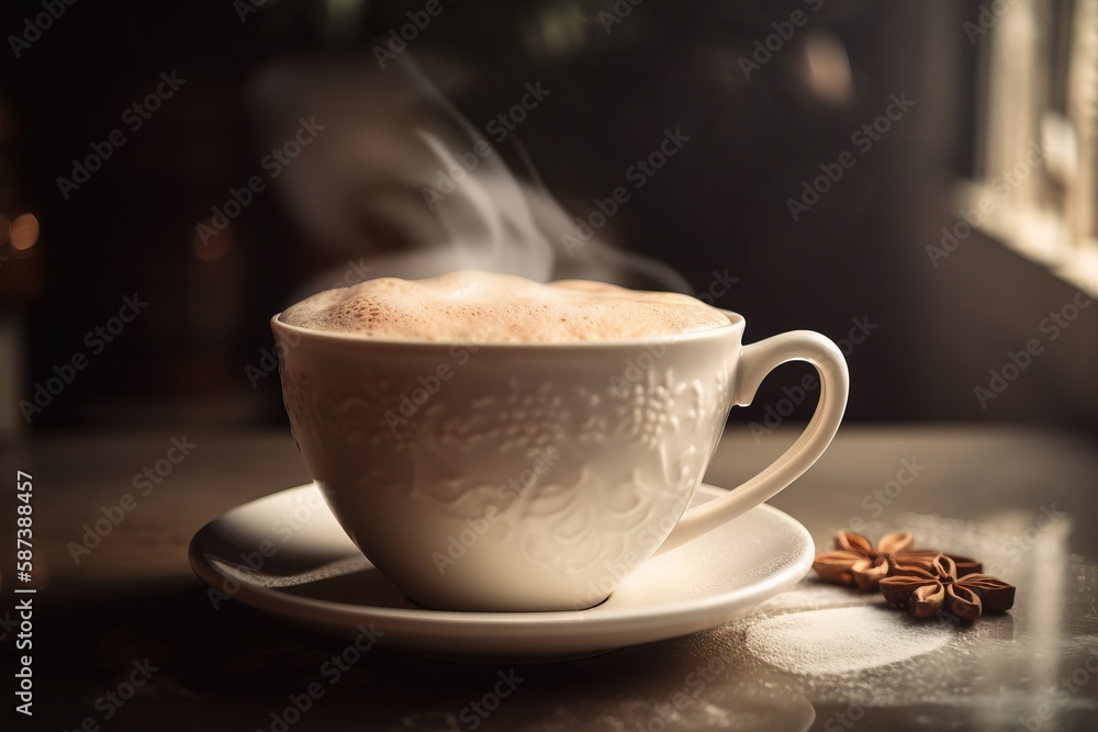 Poster a cup of coffee with steam rising out of the top and cinnamon on a saucer next to it on a table with