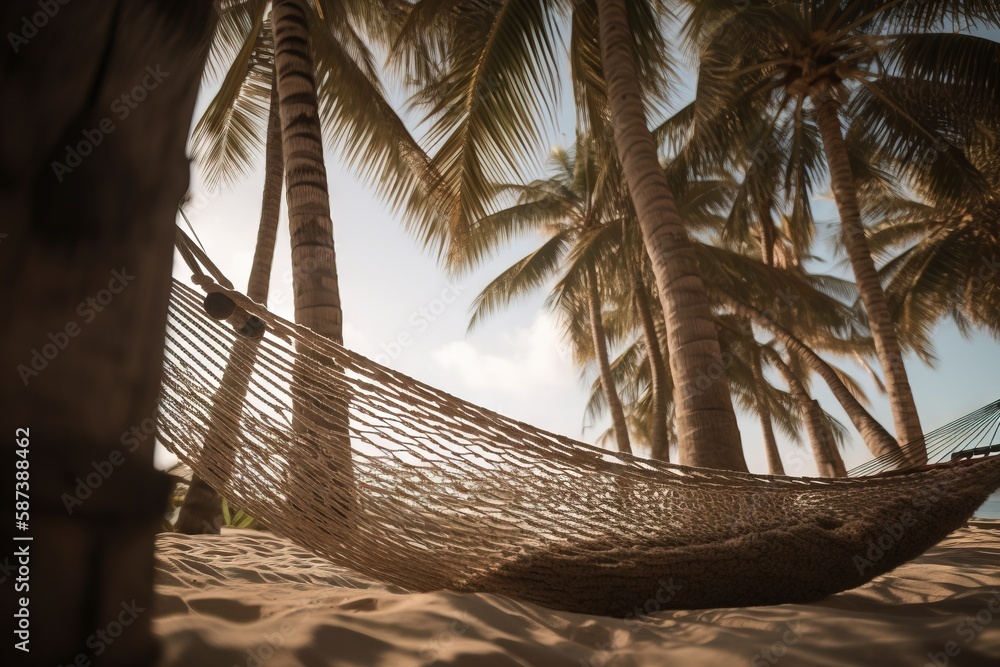 Poster a hammock hanging between two palm trees on a beach with a blue sky in the backgrounge of the hammoc