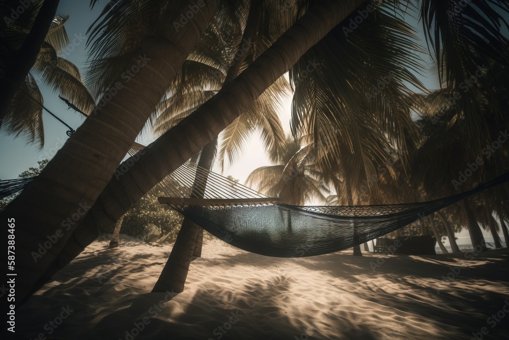 Poster a hammock hanging between two palm trees on a beach in the evening sun with a shadow cast on the san