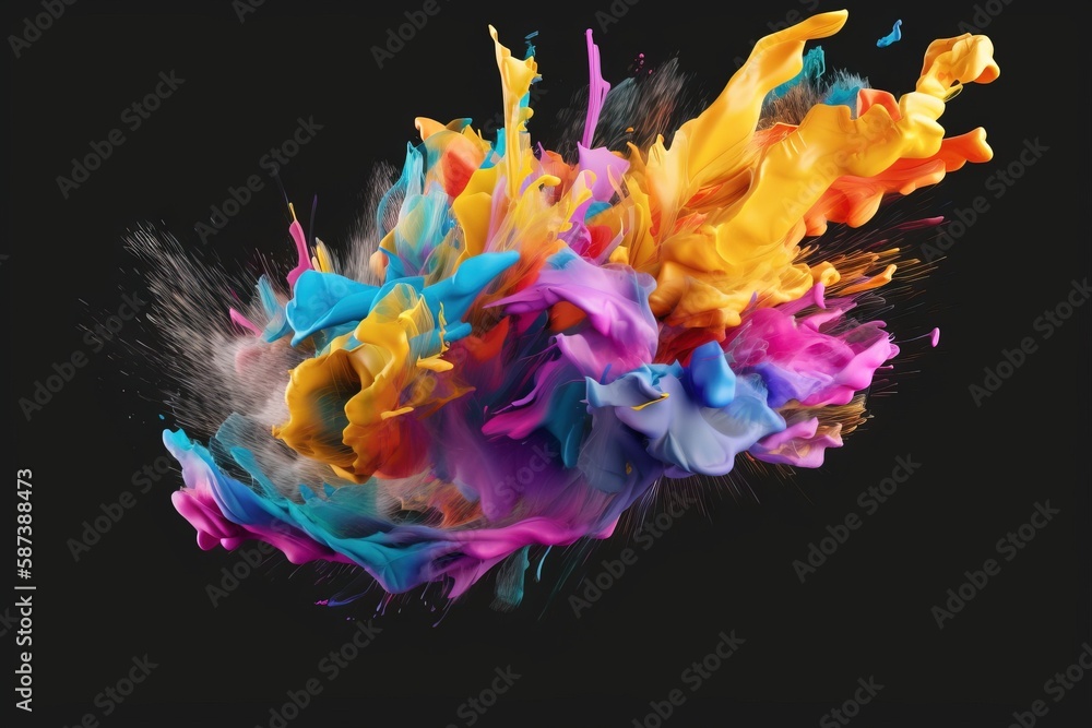 Poster a multicolored substance is flying in the air on a black background with a black background and a bl