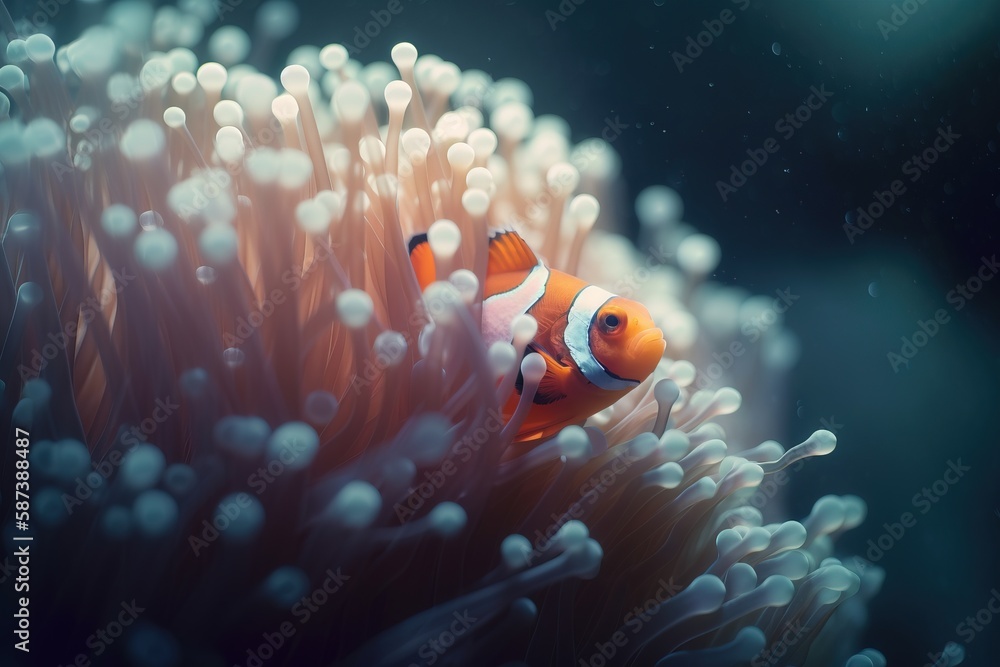 Poster a clown fish swimming in an anemone in the sea with bubbles on the water and a black background with