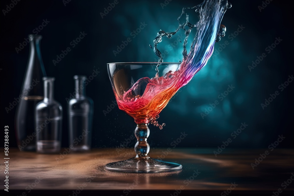 Poster a glass with a liquid splashing out of it on a table next to three bottles of wine and a glass with 
