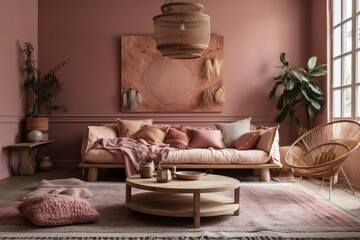 Fototapeta na wymiar Boho style living room with dried plants and wooden furniture on pink backdrop, Frame mockup in colorful house interior,. Generative AI