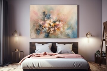  a bed with a painting on the wall above it and a painting on the wall above it that has a painting of a flower on the wall above the bed.  generative ai