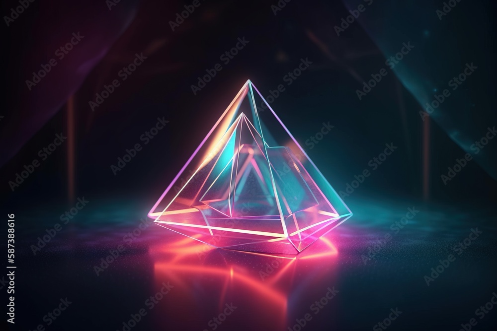Poster a triangular shaped object with neon lights on a dark surface with a reflection on the ground and a 