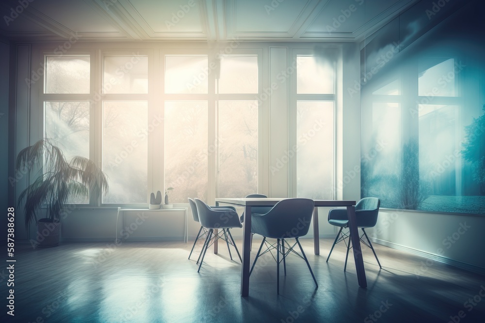 Poster a dining room with a table and chairs in front of a large window with a view of a forest outside the