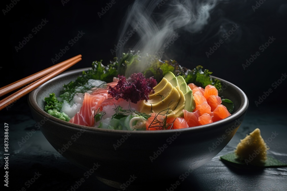 Aufkleber a bowl of sushi with chopsticks on the side and smoke coming out of the top of the bowl and a slice 