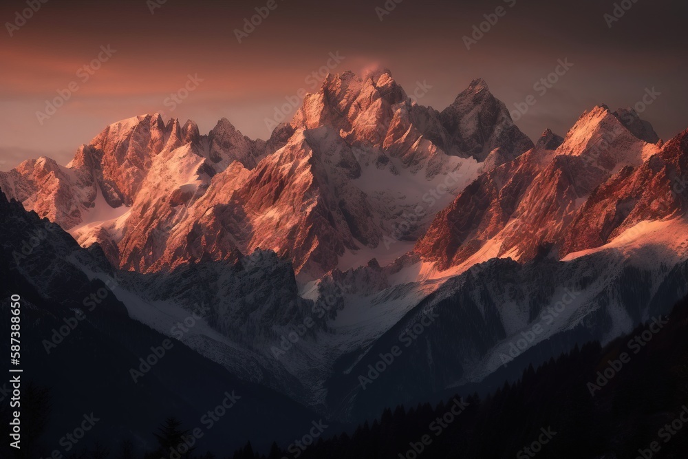 Poster a very tall mountain with a lot of snow on it's sides and a red sky in the background with a few clo