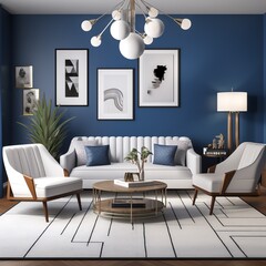 Modern living room interior, art deco design. Navy and gray colors. Lavish fancy luxury apartment interior. Generative AI