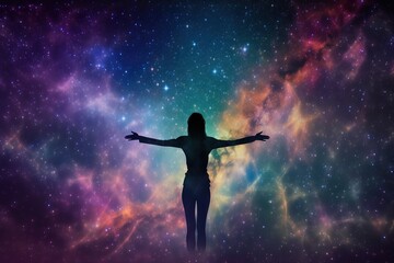 Fototapeta na wymiar a woman standing in front of a colorful galaxy background with her arms spread wide open and her arms spread wide out to the side of her body. generative ai
