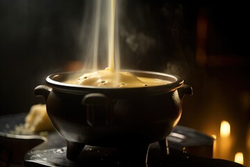 Obraz na płótnie Canvas a pot of soup is being stirred with a large amount of yellow liquid on a black surface with candles in the background and a candle lit up behind it. generative ai