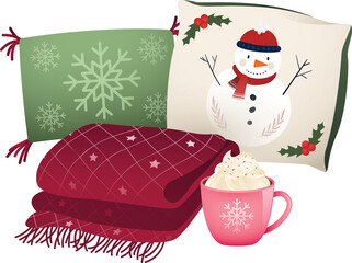 Christmas pillow, blanket and hot chocolate icon