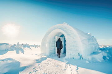 Man walking inside an igloo. Generative ai