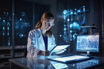 Obraz na płótnie Canvas Woman scientist in laboratory. Generative ai