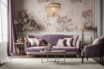 Front picture of elegant purple and beige living room with wallpaper, carpet, and fabric couch. Classic minimalism,. Generative AI