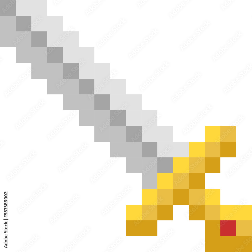Poster sword pixel art, weapon with golden handle retro game style icon. vector illustration.