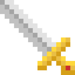 Sword pixel art, weapon with golden handle retro game style icon. Vector illustration.