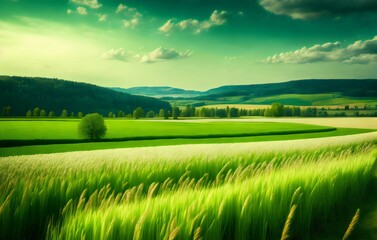Fototapeta na wymiar a green field with tall grass and mountains - Generative AI
