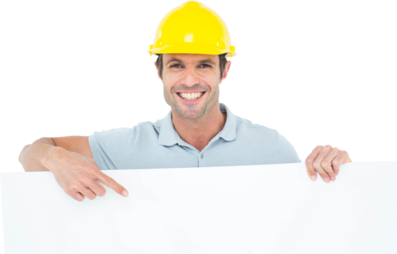 Architect with bill board over white background