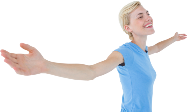 Blonde woman standing arms outstretched