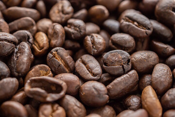 Fototapeta premium Fresh roasted brown coffee beans background