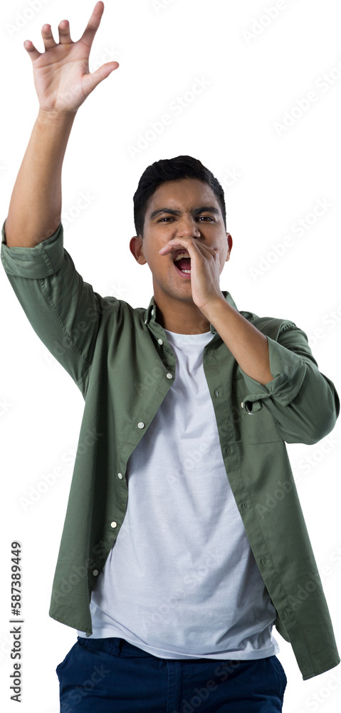Poster man shouting and gesturing against white background