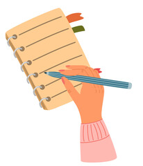 Woman Hand Holding Pen And Making Notes or To-do List On Paper Notebook or Diary. 
Top View Image. Process Of Writing, Educational, Office Or Creative Concept. Cartoon Vector Illustration
