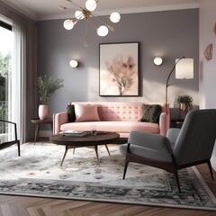 Modern living room interior, art deco design. Pink and gray colors. Lavish fancy luxury apartment interior. Generative AI