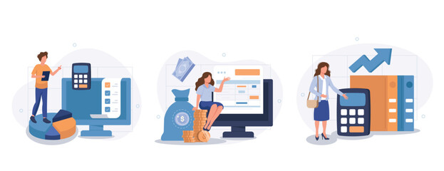 Budget bookkeeping illustration set. People doing paperwork. Characters accounting debit and credit, calculating bills and income taxes. Financial management concept. Vector illustration.	