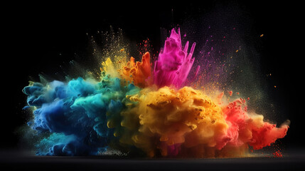 Obraz na płótnie Canvas 3d render of explosion of colored powder, clouds of colorful dust, Bright color. Generative Ai