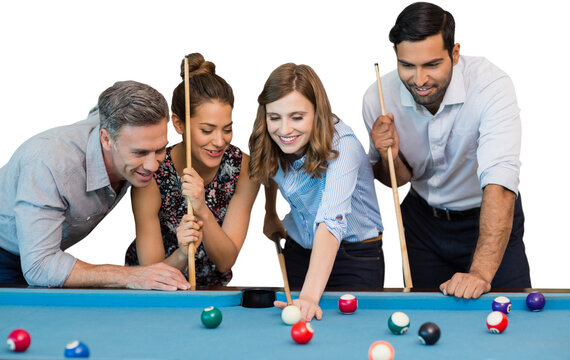 Happy friends wearing formals playing pool