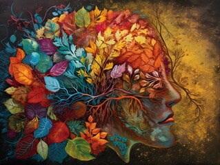 Human Face Head tree with colorful leaves, creative mind Wallpaper. AI Generated