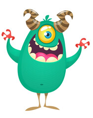 Funny cartoon monster creature character. Illustration of cute and happy alien. Halloween vector design isolated
