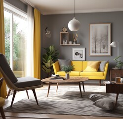 Modern living room interior, art deco design. Yellow-gray colors. Lavish fancy luxury apartment interior. Generative AI