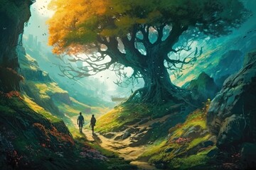 Fototapeta na wymiar two individuals strolling through a serene forest path. Generative AI