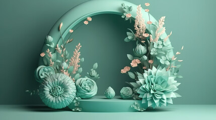 Round frame with paper flowers, botanical arch and empty pedestal. Generative Ai
