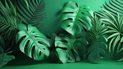 3d render, paper tropical leaves, jungle decor, monstera palm. Generative Ai