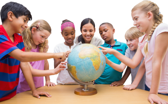 Cute pupils and teacher looking at globe in library 