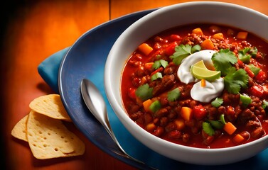 a bowl of chili with sour cream and tortilla chips - Generative AI