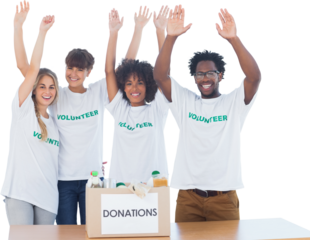 Volunteers raising their arms 