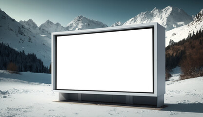 Empty white advertising billboard on snowy mountain background. Generative AI. - obrazy, fototapety, plakaty