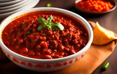 chili in a bowl with tortilla chips - Generative AI