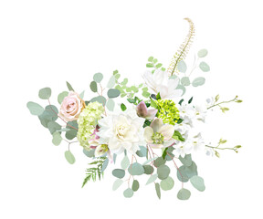 White dahlia, orchid, magnolia, nude pink rose, hellebores, green hydrangea, eucalyptus vector design easter bouquet.