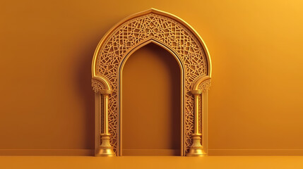 Arabic golden arch. 3d illustration of islam architecture shape for muslim holidays. Generative Ai
