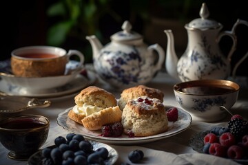 Traditional English Afternoon Cream Tea with Delicate China Teacups, Generative AI